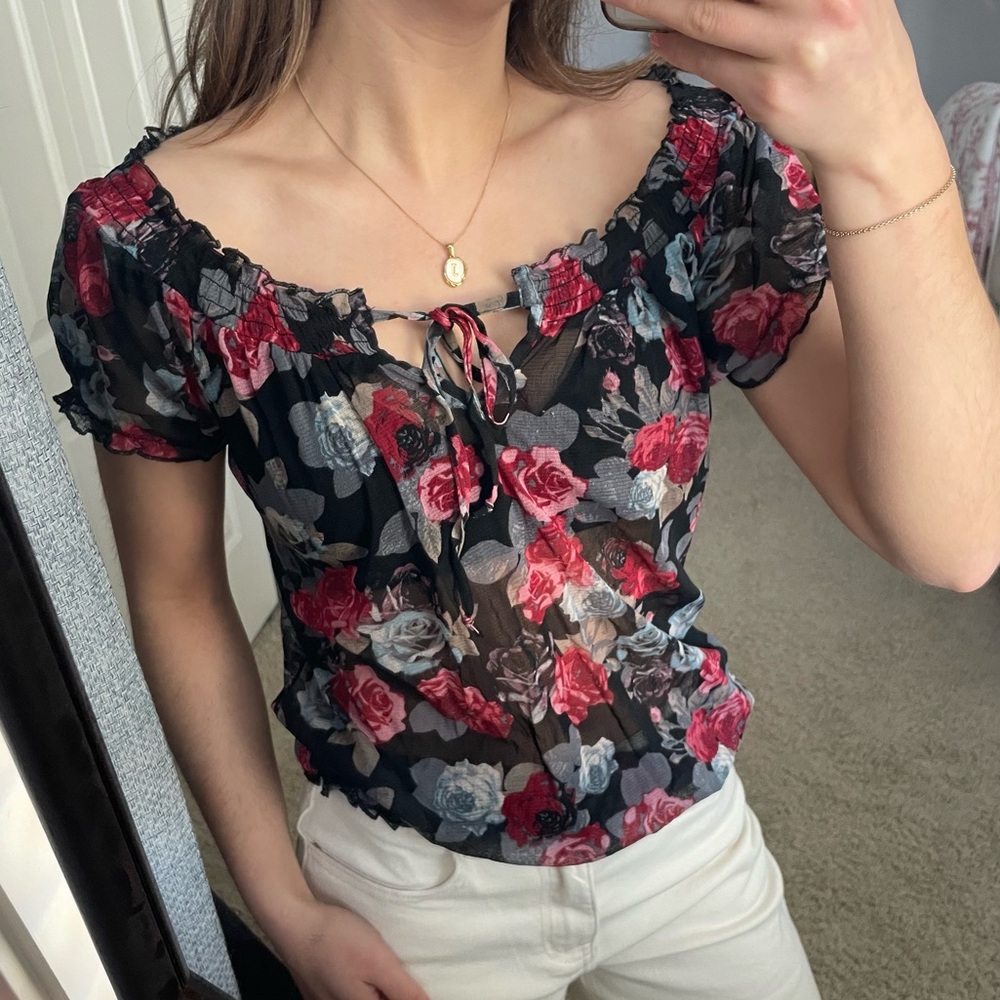 Floral Off-Shoulder Sheer Blouse